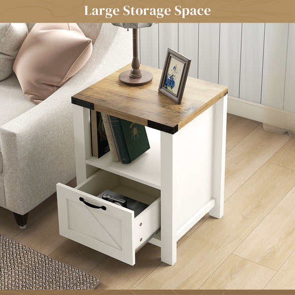 Table d'appoint style farmhouse avec rangement, blanche