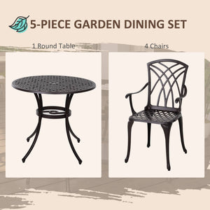 Ensemble de salle à manger d'extérieur 5 pièces, table et chaises de patio en fonte d'aluminium avec trou pour parasol, marron