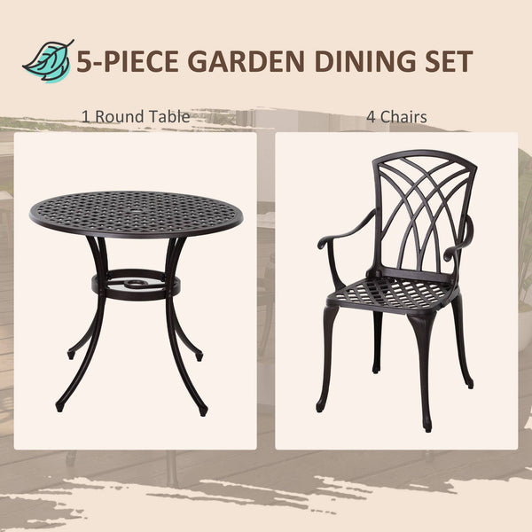 Ensemble de salle à manger d'extérieur 5 pièces, table et chaises de patio en fonte d'aluminium avec trou pour parasol, marron