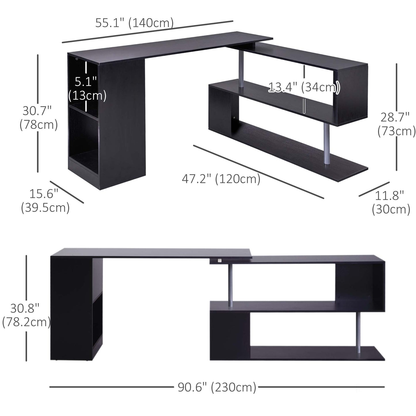 360° Swivel Corner Desk with 3-Tier Shelves, Black