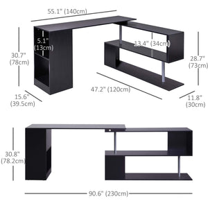 Bureau d'angle pivotant à 360° avec étagères à 3 niveaux, noir