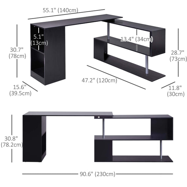 Bureau d'angle pivotant à 360° avec étagères à 3 niveaux, noir