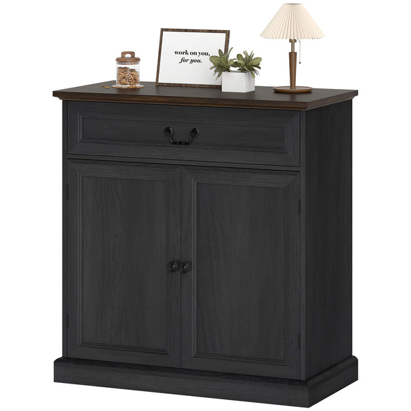 Buffet style ferme, plateau épais, tiroir silencieux et étagère réglable, finition bois noir.