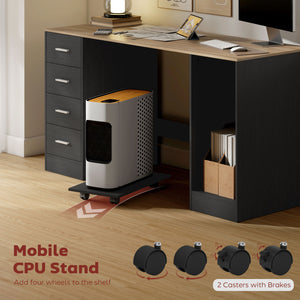 Desk with 4 reversible drawers and mobile PC stand, black