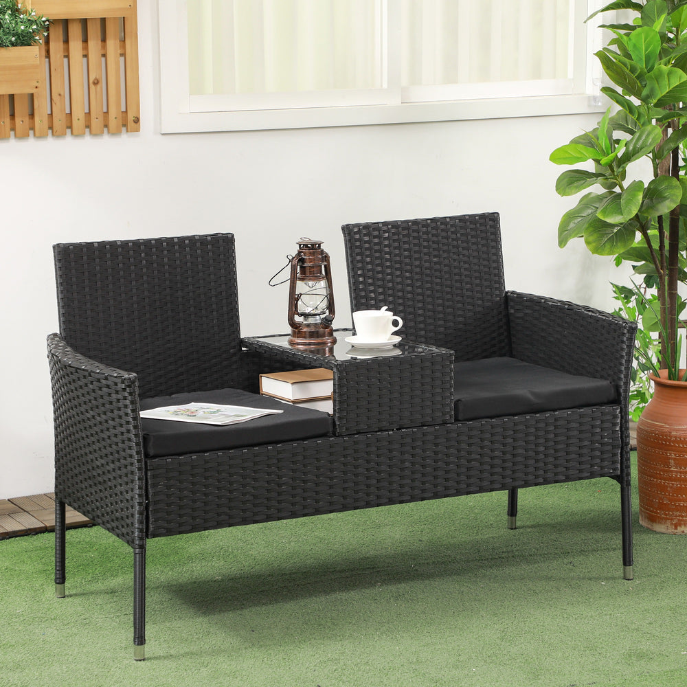 Mobilier de patio avec table basse et canapé deux places en rotin PE avec coussin, noir