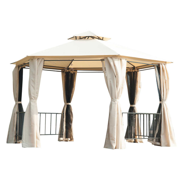 Gazebo hexagonal 13 pi avec moustiquaire et rideaux ombragés, beige