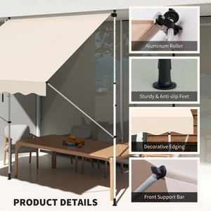 10x5ft Manual Retractable Awning, Patio Sun Shade Canopy Shelter with 5.6-9.2ft Support Pole, Water Resistant UV Protector, for Window, Door, Porch, Deck, Beige