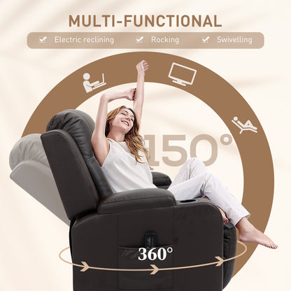 Fauteuil inclinable pivotant à 360° en cuir avec vibrations et porte-gobelets pour salon, marron