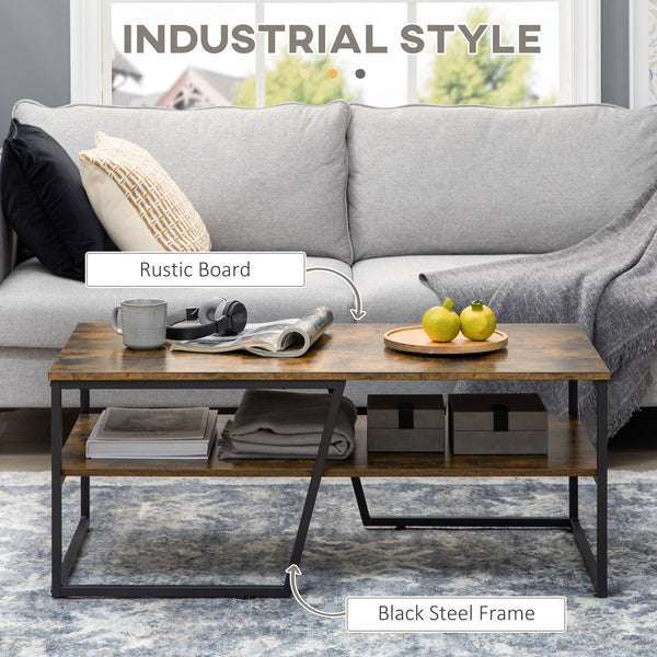 Table basse industrielle à deux niveaux avec étagère de rangement, brun rustique
