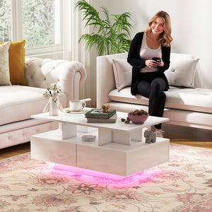 Table basse avec éclairage LED RVB avec 4 tiroirs, étagère ouverte, télécommande, blanc brillant