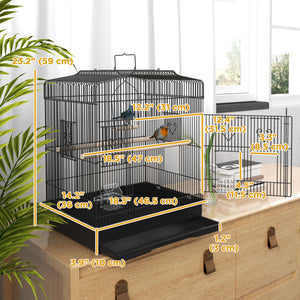 Cage à oiseaux 58 cm, pinsons, canaris, perroquets avec portes et perchoirs, 2 mangeoires, fournitures pour animaux, noir
