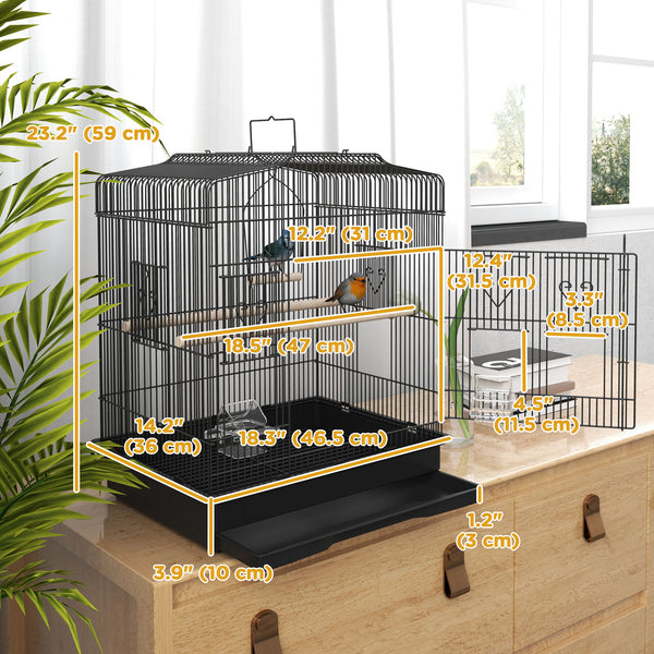 Cage à oiseaux 58 cm, pinsons, canaris, perroquets avec portes et perchoirs, 2 mangeoires, fournitures pour animaux, noir