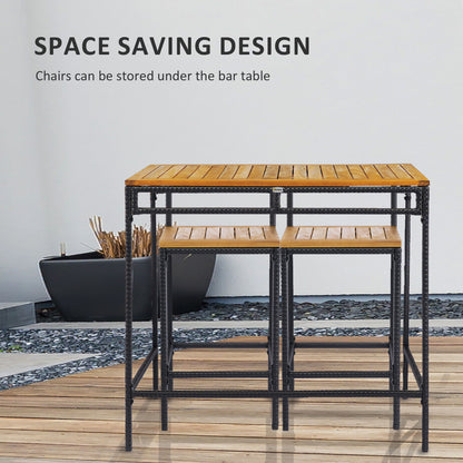 Ensemble de bar 3 pièces en osier, table et chaises de bar avec plateau en bois d'acacia, bois naturel