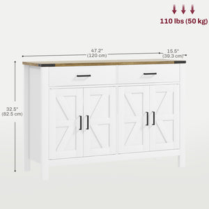 Farmhouse style sideboard with 2 drawers, 2 storage compartments and adjustable shelves, white