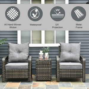 3 Pieces Wicker Patio Furniture Set, Rattan Bistro Set with Storage Coffee Table and Thickened Cushions, Outdoor Conversation Set for Garden, Porch, Balcony, Grey