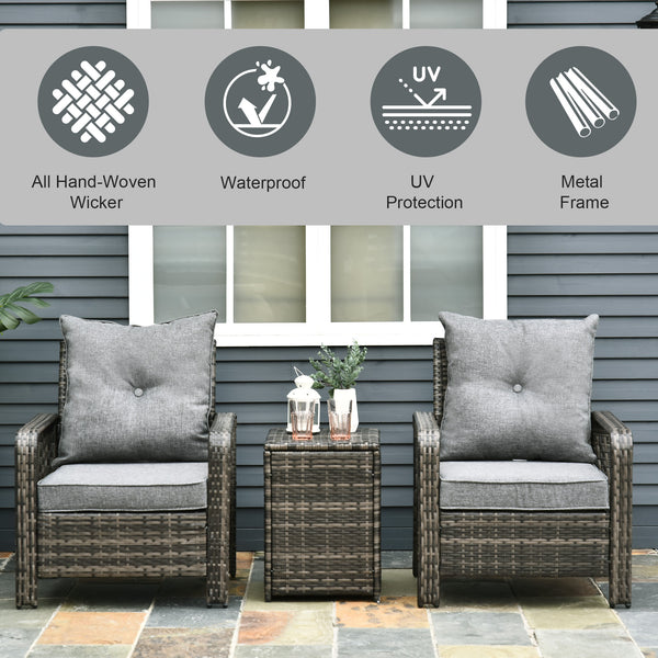 3 Pieces Wicker Patio Furniture Set, Rattan Bistro Set with Storage Coffee Table and Thickened Cushions, Outdoor Conversation Set for Garden, Porch, Balcony, Grey