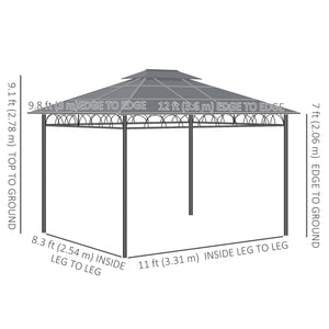 Gazebo 10' x 12' avec toit rigide double PC, structure en acier, filets et rideaux, kaki