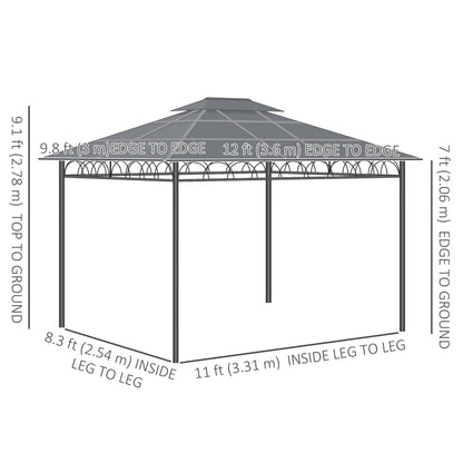 Gazebo 10' x 12' avec toit rigide double PC, structure en acier, filets et rideaux, kaki