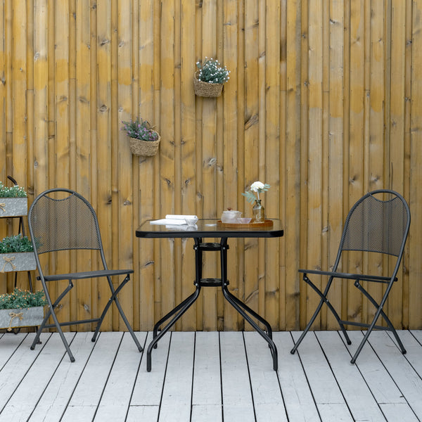 Table de salle à manger carrée avec trou pour parasol et plateau en verre trempé, noire