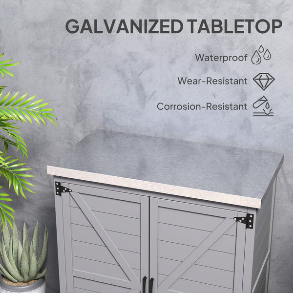 Garden storage unit with metal top, shelf and double door, grey