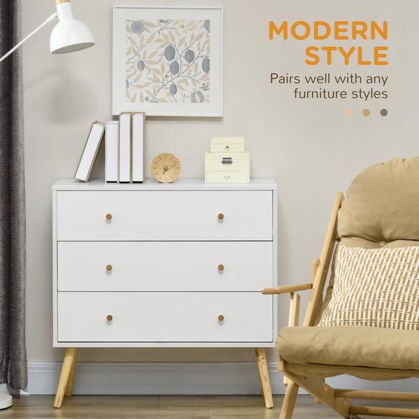 Commode blanche avec 3 tiroirs, commode moderne avec pieds et poignées en bois massif, blanc