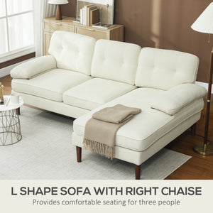 Modern corner sofa with right chaise longue, 3 seater upholstered sofa with wooden legs, cream white