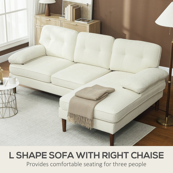 Modern corner sofa with right chaise longue, 3 seater upholstered sofa with wooden legs, cream white