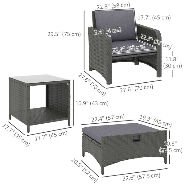 Ensemble de meubles 5 pièces en rotin avec table basse à deux niveaux et poufs, gris