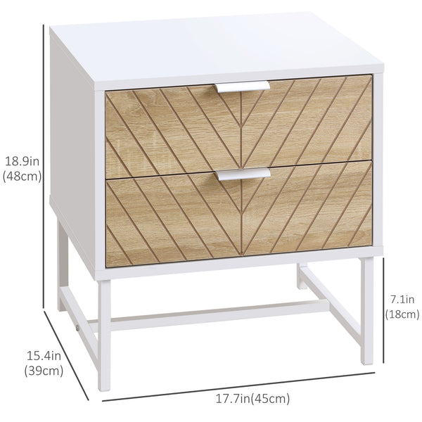 Table de chevet moderne avec 2 tiroirs et structure en acier, blanc et chêne