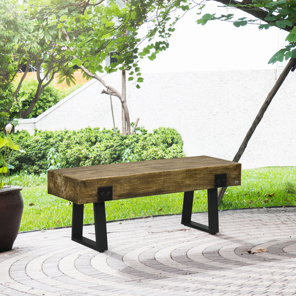 Garden bench with metal legs, rustic wood-effect concrete