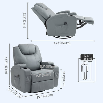 Fauteuil massant inclinable manuel pivotant avec 8 points de vibration et porte-gobelets, gris clair