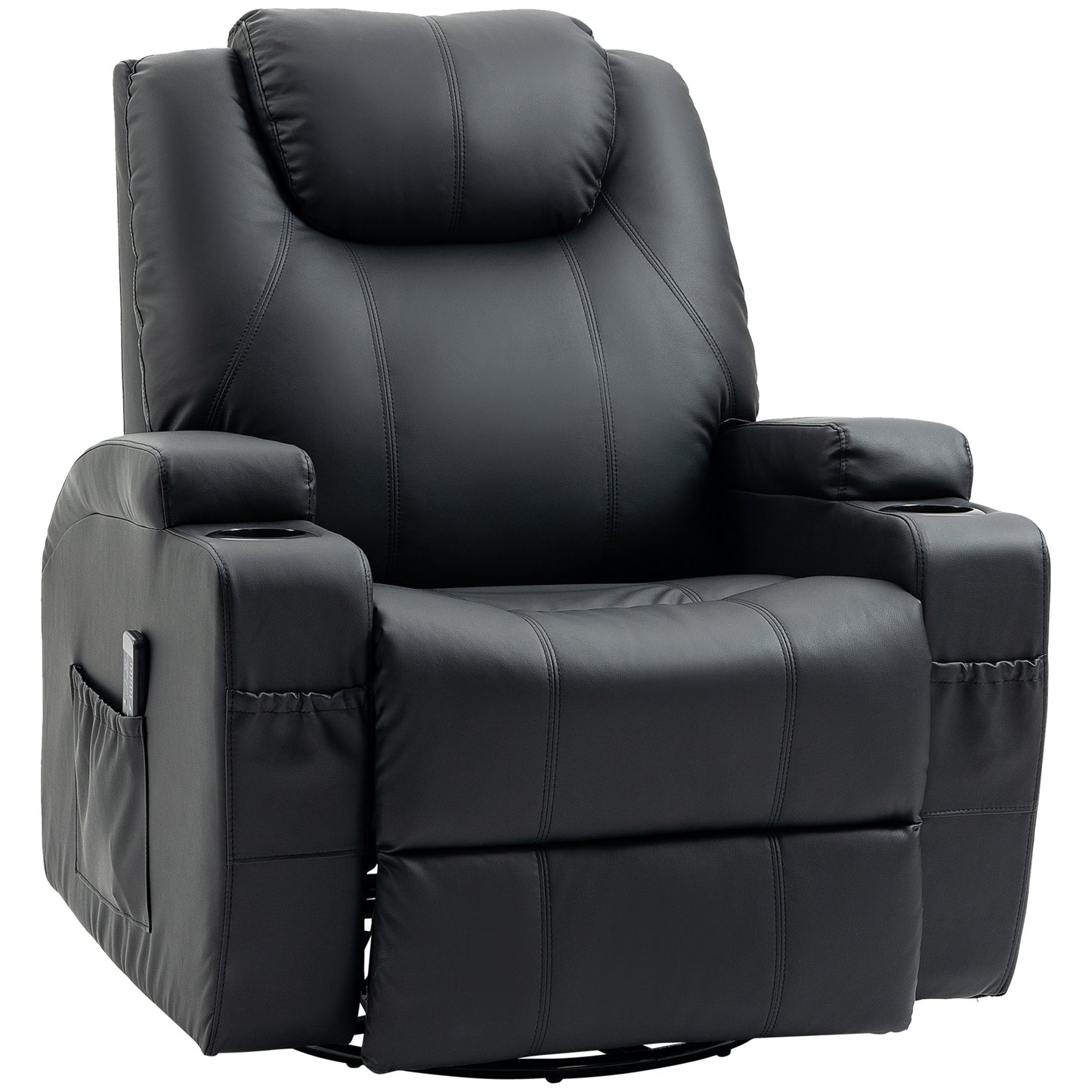 Fauteuil massant inclinable à bascule pivotant avec 8 points de vibration, cuir synthétique, porte-gobelets, poches latérales, noir