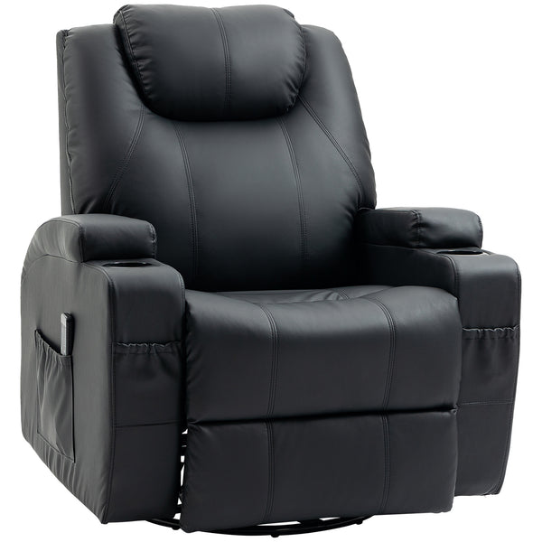 Fauteuil massant inclinable à bascule pivotant avec 8 points de vibration, cuir synthétique, porte-gobelets, poches latérales, noir