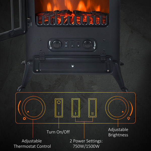 40cm Freestanding Electric Fireplace with Wood Burning Flame 750/1500W Black
