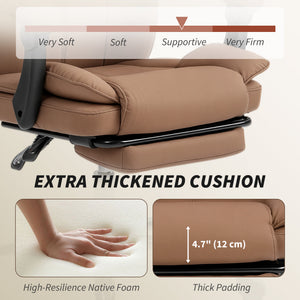 Reclining office chair with pet-friendly fabric upholstery, headrest, footrest, and swivel casters, brown