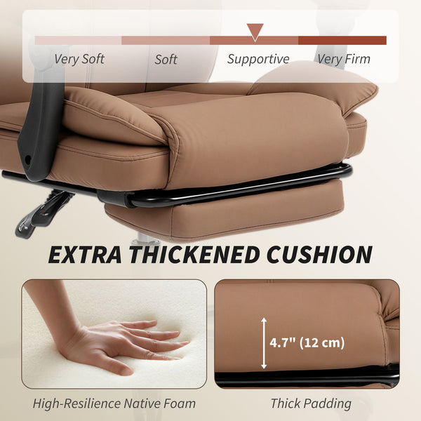 Reclining office chair with pet-friendly fabric upholstery, headrest, footrest, and swivel casters, brown