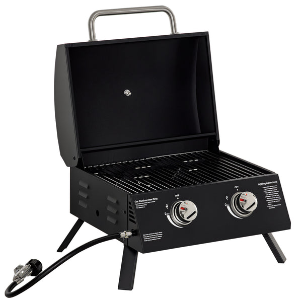 2 Burner Propane Gas Grill, Outdoor Portable Tabletop BBQ with Foldable Legs, 10000 Each Burner, Lid, for Camping, Picnic, Backyard, Black