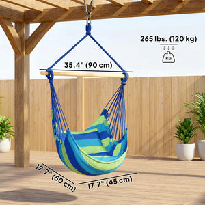 Hammock Chair Swing Hanging Macrame Chair w/ Two Soft Seat Cushions, Blue and Green