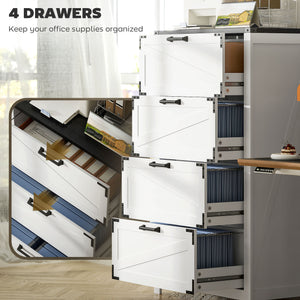 Classeur 4 tiroirs de style campagnard avec barres de suspension réglables pour format lettre, A4, légal, blanc
