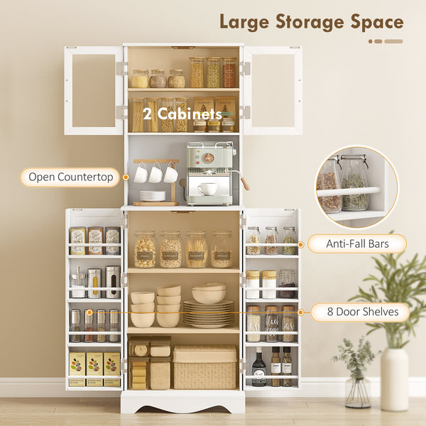 Armoire garde-manger blanche avec portes vitrées, 8 tablettes de porte et espace pour cafetière
