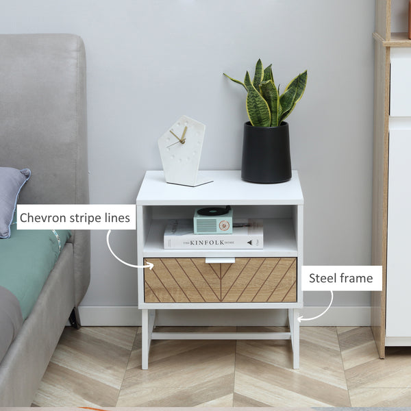Table de chevet moderne avec tiroir et étagère de rangement, blanc et chêne