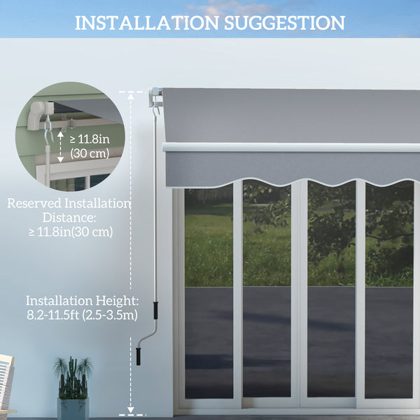 10x8ft Patio Awning Manual Retractable Sun Shade Aluminum Frame Grey