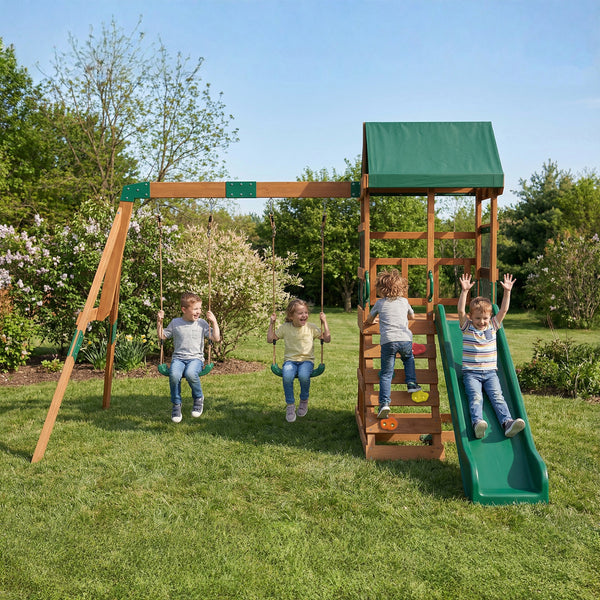 Structure de jeux extérieure avec toboggan, 2 balançoires, mur d'escalade et terrasse couverte, aire de jeux extérieure pour enfants