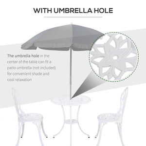 3 Pieces Patio Bistro Set, Outdoor Cast Aluminum Garden Table and Chairs with Umbrella Hole for Balcony, White