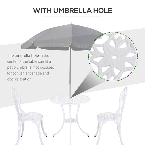 3 Pieces Patio Bistro Set, Outdoor Cast Aluminum Garden Table and Chairs with Umbrella Hole for Balcony, White