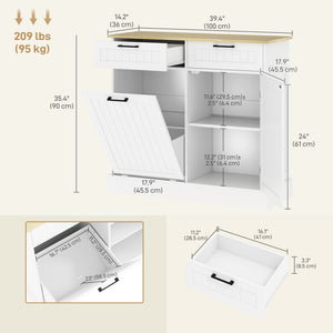 Meuble à poubelle basculant avec 2 tiroirs, blanc