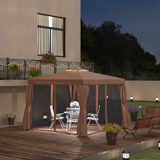 Gazebo d'extérieur 10' x 10' double toit souple avec rideaux et moustiquaires, marron