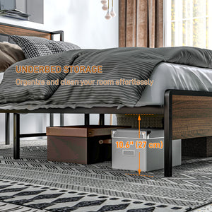 Cadre de lit Queen Size avec station de charge, tête de lit rembourrée et étagère de rangement, noyer