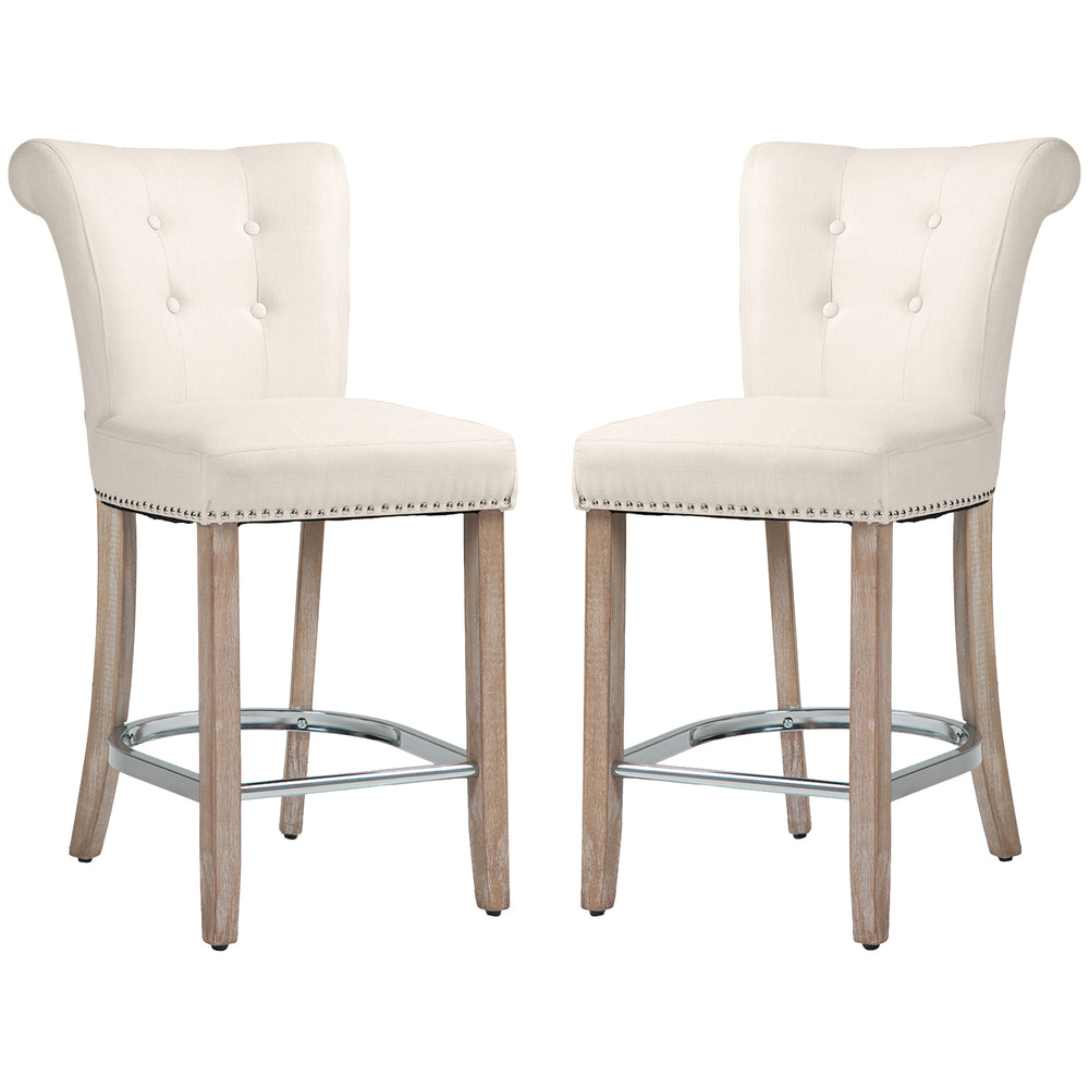 Set of 2 padded bar stools with tufted backrest, cream white