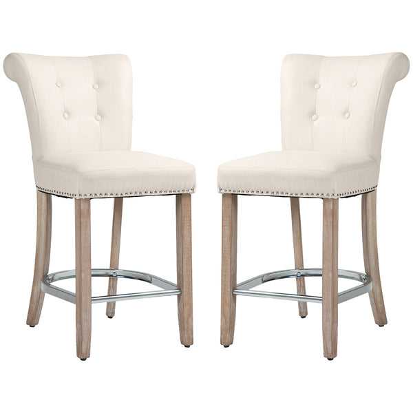 Set of 2 padded bar stools with tufted backrest, cream white